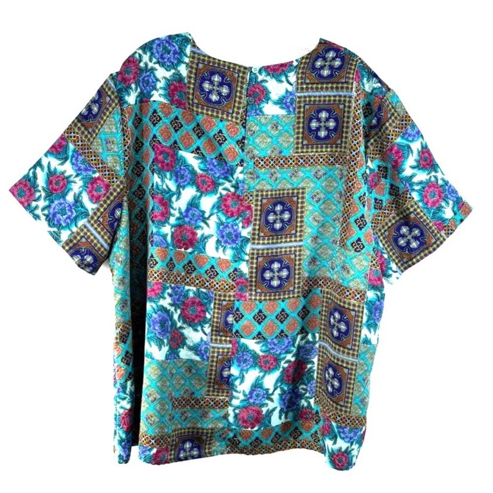 Vtg 90s Floral Patchwork Silky Polyester Blouse Colorful Top USA Made Statement - Picture 3 of 8